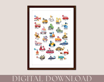 Transport Alphabet Printable, Nursery Decor ABCs, Vehicles Alphabet Poster, Boys Nursery Wall Art, Kids Playroom Poster, Learning Poster,