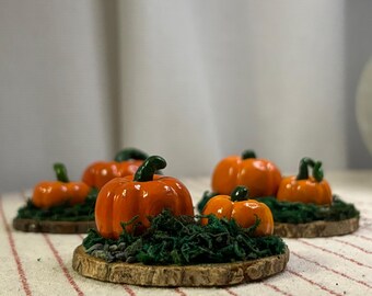 May include: Four miniature orange pumpkins with green stems are arranged on small wooden slices covered in green moss.