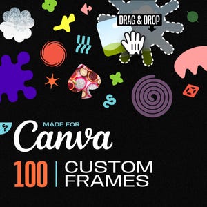 May include: A black background with colorful shapes and a text overlay that reads "Made for Canva 100 Custom Frames". The text "Drag & Drop" is in a white box with a dotted border. A hand icon is pointing down at the box.