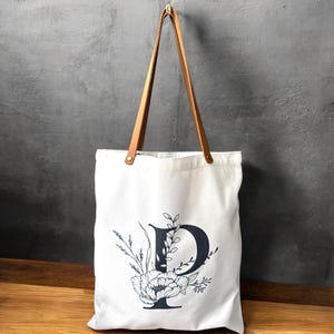 Custom Tote Bag, Comes with a genuine leather strap, Floral Alphabet Tote Bag, Monogram Sublimation Tote Bag