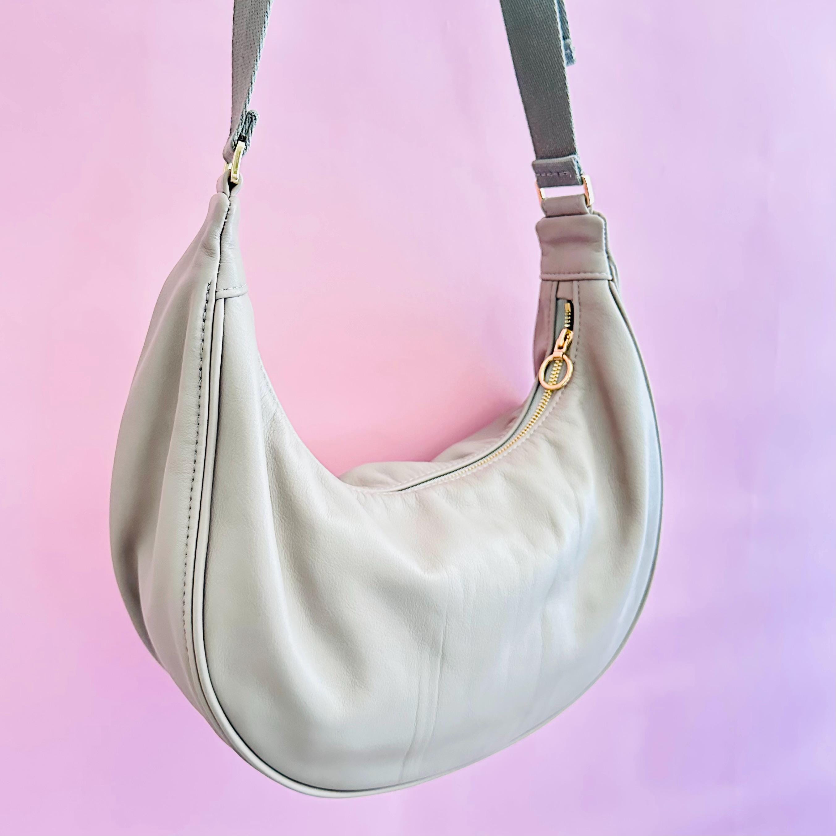 Leather Crosstown Crescent Bag Gray