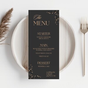 Elegante bearbeitbare Hochzeitsmenüvorlage, Hochzeitsmenü, Menükarte, Menüvorlage, Empfangsmenü, Abendkarte, Menüschild, Empfangsmenü