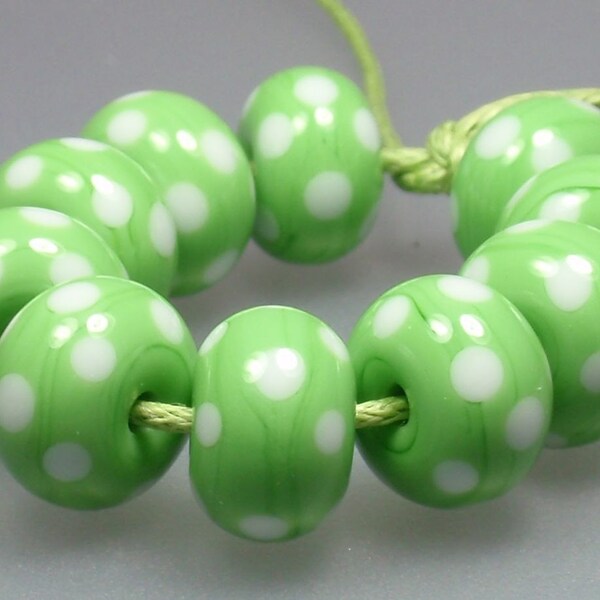 Nile green with White Polka Dots - 10 handmade lampwork beads P 7