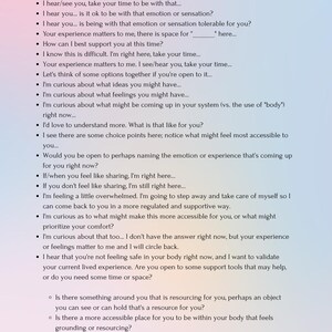 May include: A vertical image with the text "Trauma Informed Language" at the top. The text is a list of phrases and questions related to emotional support and trauma awareness, written in a soft, elegant font. The background is a gradient of pink and purple.