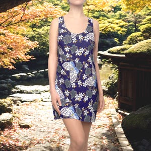 Elegant Japanese Butterfly and Sakura Print   Women&#39;s Racerback Dress in Indigo and Gold Accents