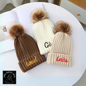 Custom Name Wool Beanie: Personalized Embroidered Knit Pom Pom Hat