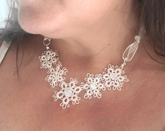 Shuttle Tatting necklace in metallic white -Flurry with cubic zirconias and ribbon snowflake flowers handmade metallic white Victorian lace