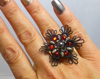 Shutle Tatted Ring -Flair in black and red with glass beading and hematite statement jewelry handmade adjustable cocktail ring