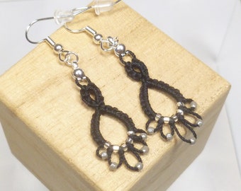 shuttle tatting Earrings -Flash Drips jewelry in black with silver and gray beading handmade Victorian lace small frilly dangles