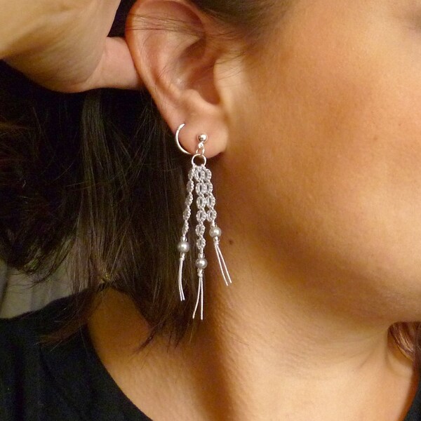 Shuttle Tatted modern Earrings with glass beading -Wisp dangles handmade minimalist lacework in custom color with matching beads for her