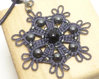 Shuttle Tatting jewelry modern pendant - The Flair in charcoal handmade lace necklace with Hematite and black leather with glass beads