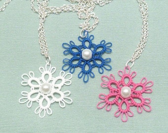 Shuttle Tatted jewelry snowflake or flower pendant -The Dainty with a pearl handmade lace simple floral or snowflake jewelry for her