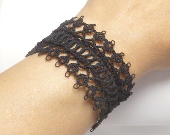 Shuttle Tatting Bracelet -Empress Cuff handmade black Victorian lace jewelry strong original tatted design gift for her