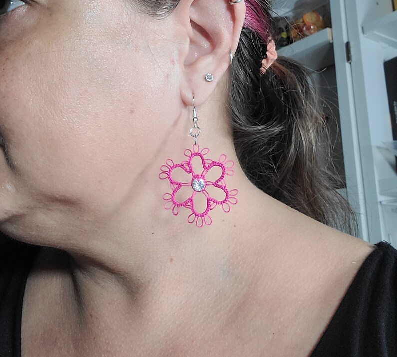 Shuttle Tatting jewelry Lace Flower Earrings Daisies Victorian lace with CZs made to order many color choices for casual wear or gift image 5