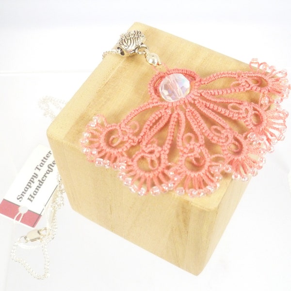 Shuttle Tatting Lace Pendant -Frilly fan jewelry formal handmade Victorian lace with crystal and beads in blush color tatted pendant for her