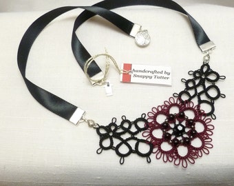 Shuttle Tatting necklace -Flirtation handmade Victorian Floral lace in your favorite color and black beaded bib jewelry accessory for her