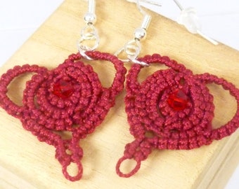 Shuttle Tatting lace heart earrings - Red Sweetheart earrings with Swarovski crystal for gift holiday dangle handmade Victorian lace jewelry