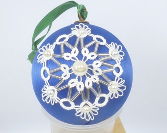 Shuttle Tatted Christmas Ornament -white beaded lace on blue satin ball tatting decoration for holiday or gift home decor -Snowball No.38