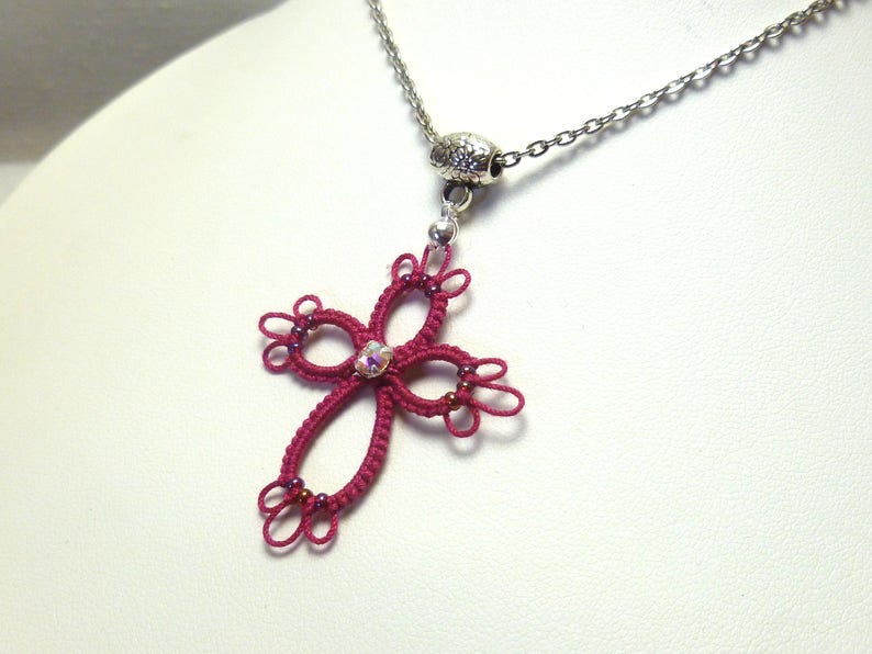 Shuttle Tatted Cross With Beading hope Spiritual Christian Jewelry