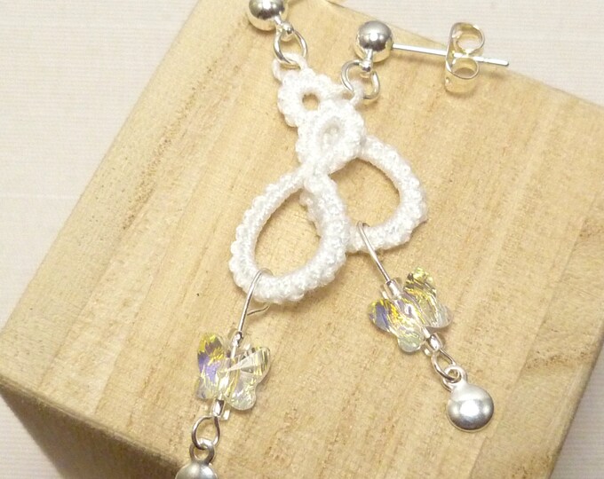 Tatted Drop Earrings With Swarovski Butterflies drops MTO Color Choices