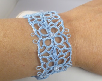 Shuttle Tatting bracelet - The Lacey floral Victorian cuff in baby blue with beautiful crystals handmade tatted lace jewelry gift for her