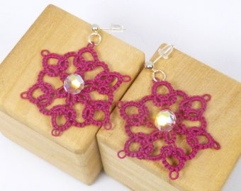 Tatting earrings jewelry - Crocus handmade Victorian shuttle tatted lace unique casual jewelry or formal wear accessory flower dangles