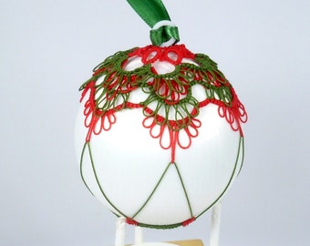 Shuttle Tatted Christmas Ornament -red and green Tatting on white satin Ball lace decoration for holiday or gift home decor -Snowball No.36