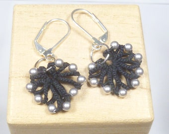 Shuttle tatting dangle earrings - Shells in black with silver glass pearls small handmade Victorian lace jewelry for her