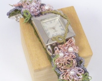 Watch shuttle tatted band of flowers and leaves -The Garden Watch #X JJ Chic Couture great gift one of a kind handmade wearable fiber art