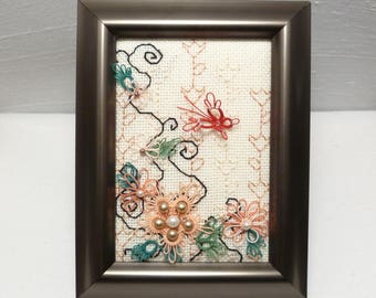 Embroidered painting Fiber Art Butterfly Garden -Peach Tranquility butterfly flowers and leaves handmade with shuttle tatting for desk