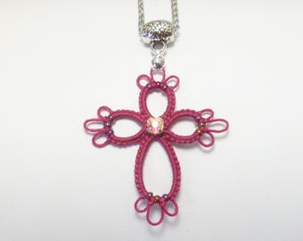 Shuttle Tatted Cross with beading -Hope spiritual Christian jewelry faith handmade Victorian lace pendant necklace in custom color options