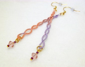 Shuttle Tatting long dangle Earrings -Strand in lilac and peach with Crystals simple style handmade Victorian tatted lace