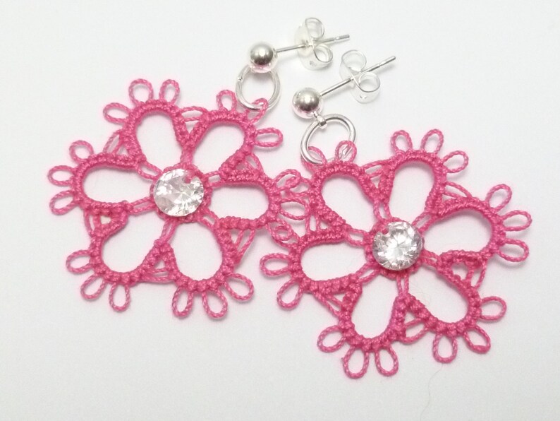 Shuttle Tatting jewelry Lace Flower Earrings Daisies Victorian lace with CZs made to order many color choices for casual wear or gift image 1