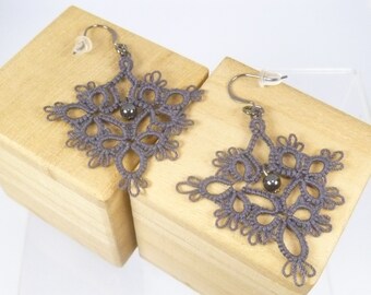 Shuttle Tatting dangling earrings-Trefoils in charcoal with hematite beads modern Victorian lace handmade jewelry for casual or formal wear