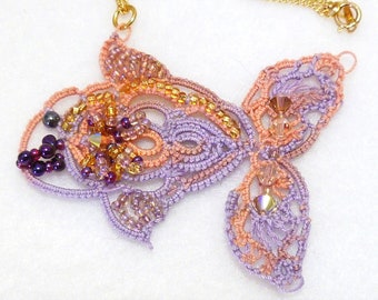 Tatting jewelry FISH Necklace -Fishy Fishy JJ Chic Couture shuttle tatting pendant lilac pink beaded animal design one of a kind handmade