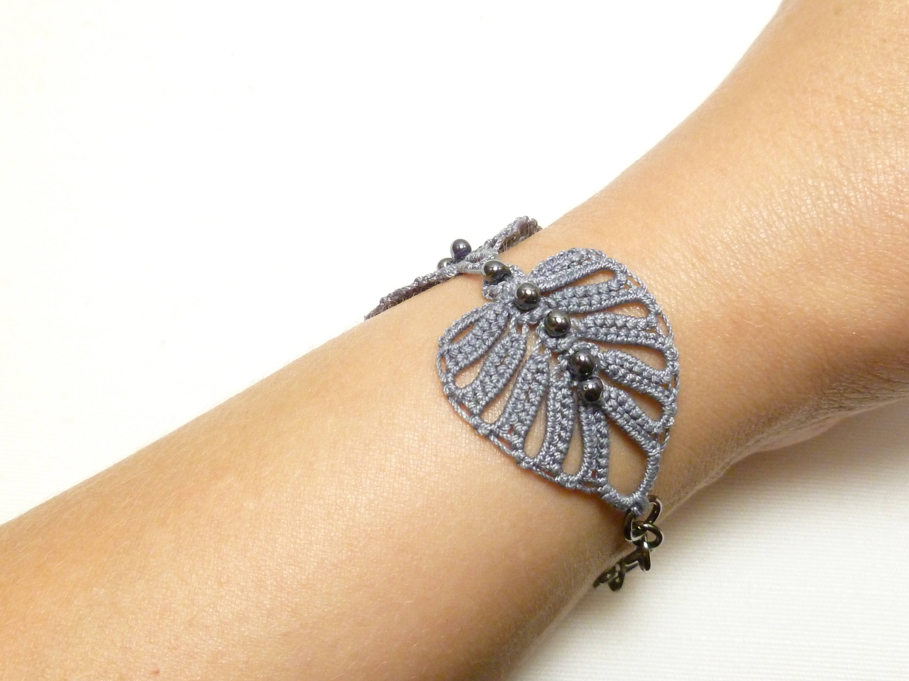 Tatting bracelet Lace Leaves Leaf Trio in gray with pewter Etsy