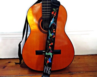Custom Gibson Hummingbird Guitar Strap/ Hand Embroidered Hummingbirds/ Butterfly/ Personalized Black Adjustable Guitar Strap