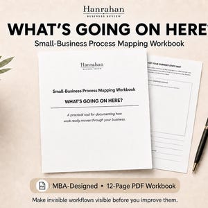 Könnte beinhalten: Ein 12-seitiges PDF-Arbeitsbuch mit dem Titel WHAT'S GOING ON HERE? Small-Business Process Mapping Workbook von Hanrahan Business Review. Das Cover zeigt schwarzen Text auf weißem Grund, begleitet von einem schwarzen Stift und einer Prozesslandkartenseite.