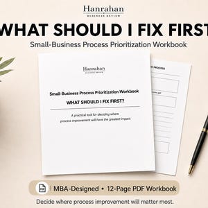 Könnte beinhalten: Ein 12-seitiges PDF-Arbeitsbuch mit dem Titel Hanrahan Business Review: What Should I Fix First? Small-Business Process Prioritization Workbook. Das Deckblatt zeigt schwarzen Text und ein schwarzer Stift liegt neben dem Dokument auf einer hellen Fläche.