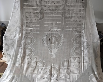 Copriletto vintage in pizzo di cotone bianco francese Art Déco 220 cm L x 220 cm L