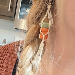 Succulent Plant Mini Macrame Earrings, Hand-Painted Terracotta Pots, Boho Cottagecore Jewelry, Botanical Dainty Earrings, Plant Lover Gift image 9