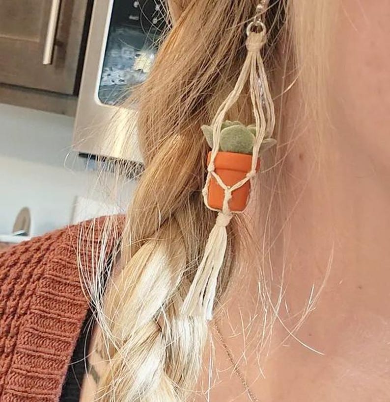 Succulent Plant Mini Macrame Earrings, Hand-Painted Terracotta Pots, Boho Cottagecore Jewelry, Botanical Dainty Earrings, Plant Lover Gift image 9