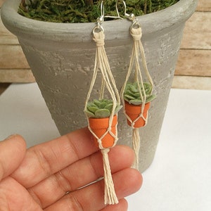 Succulent Plant earrings Mini Macrame hanging Plant, handmade Miniature green plant I love my Garden GARDENING Lover Spring Time \ handmade