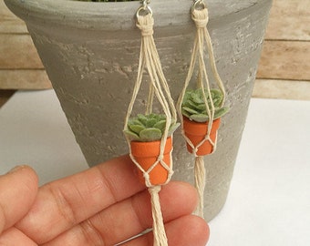 Succulent Plant earrings Mini Macrame hanging Plant, handmade Miniature green plant I love my Garden GARDENING Lover Spring Time \ handmade