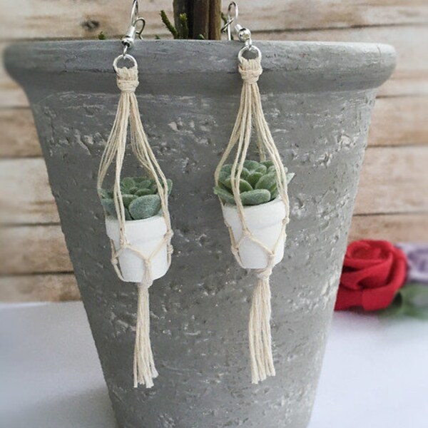 Succulent mini hanging Plant earrings Unique gift idea for a gift Living green, mama Plant lover, handmade rustic earrings, Loving Nature