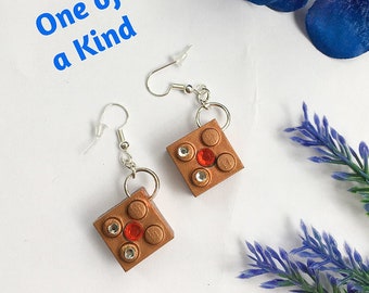 Lego dangle earrings copper rhinestones Kawaii metallic style inspired jewelry Altered Art gift for her