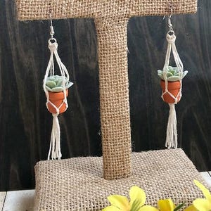 Succulent Plant Mini Macrame Earrings, Hand-Painted Terracotta Pots, Boho Cottagecore Jewelry, Botanical Dainty Earrings, Plant Lover Gift image 7