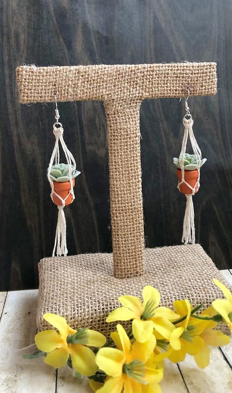 Succulent Plant Mini Macrame Earrings, Hand-Painted Terracotta Pots, Boho Cottagecore Jewelry, Botanical Dainty Earrings, Plant Lover Gift image 7