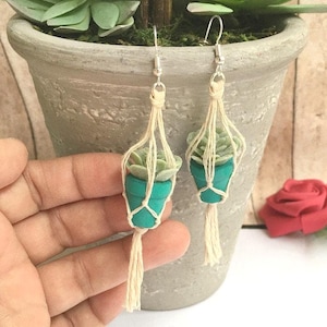 Miniature Succulent Earrings, Hand-Painted Pot, Macrame Plant Lover Gift