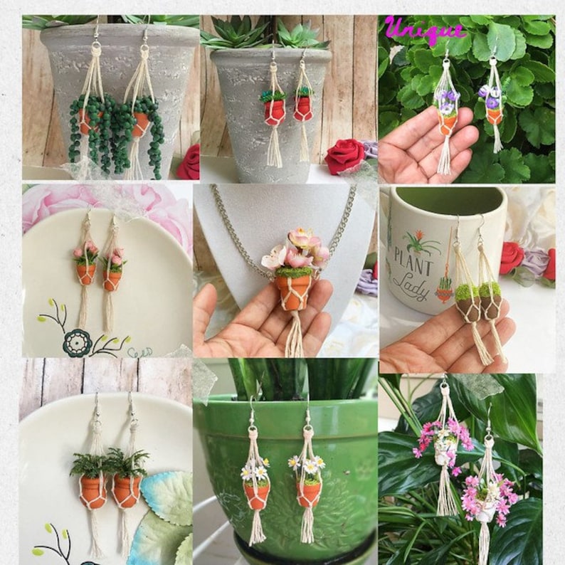 May include: A collection of handmade macrame plant hanger earrings featuring various plants and flowers. The earrings are made with natural twine and feature a variety of colors and textures.